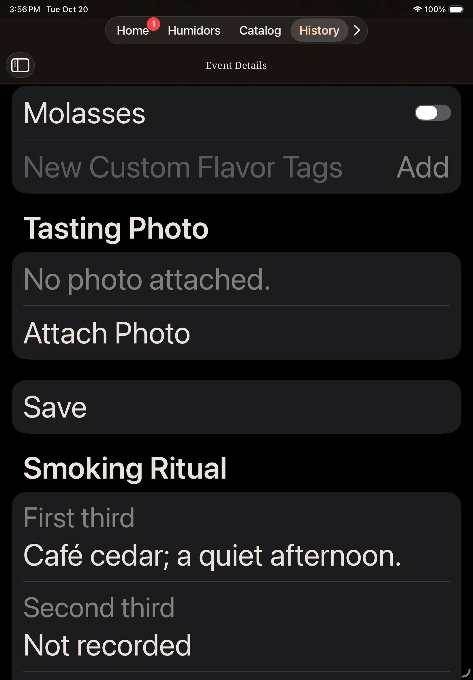 iPad Air 11-inch (M4): The read-only Smoking Ritual section in Exclusive History using the largest accessibility text size.