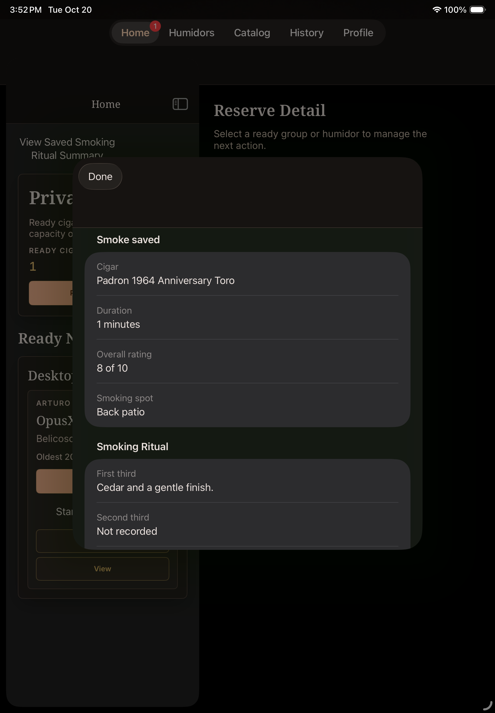 iPad Air 11-inch (M4): The immediate Premium saved summary with cigar, timer duration and rating.