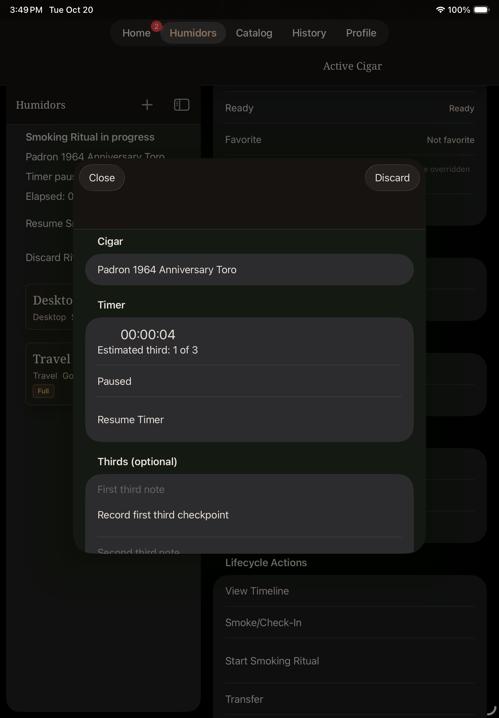 iPad Air 11-inch (M4): A paused Premium session with elapsed time and optional third checkpoints.