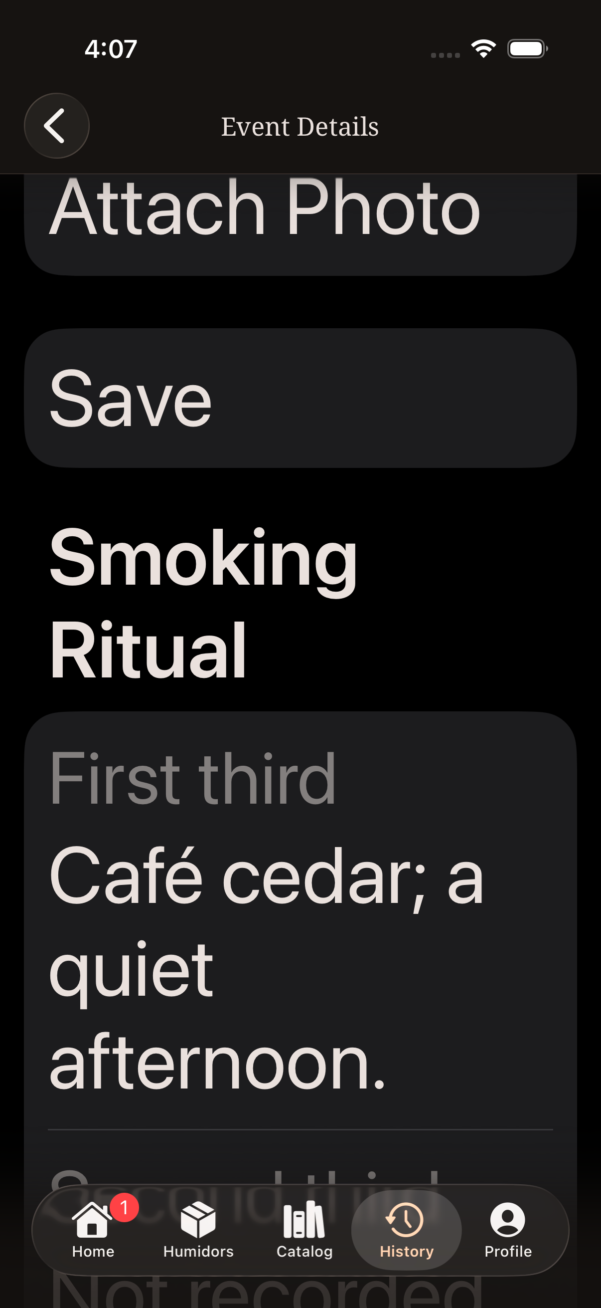 iPhone 17: The read-only Smoking Ritual section in Exclusive History using the largest accessibility text size.