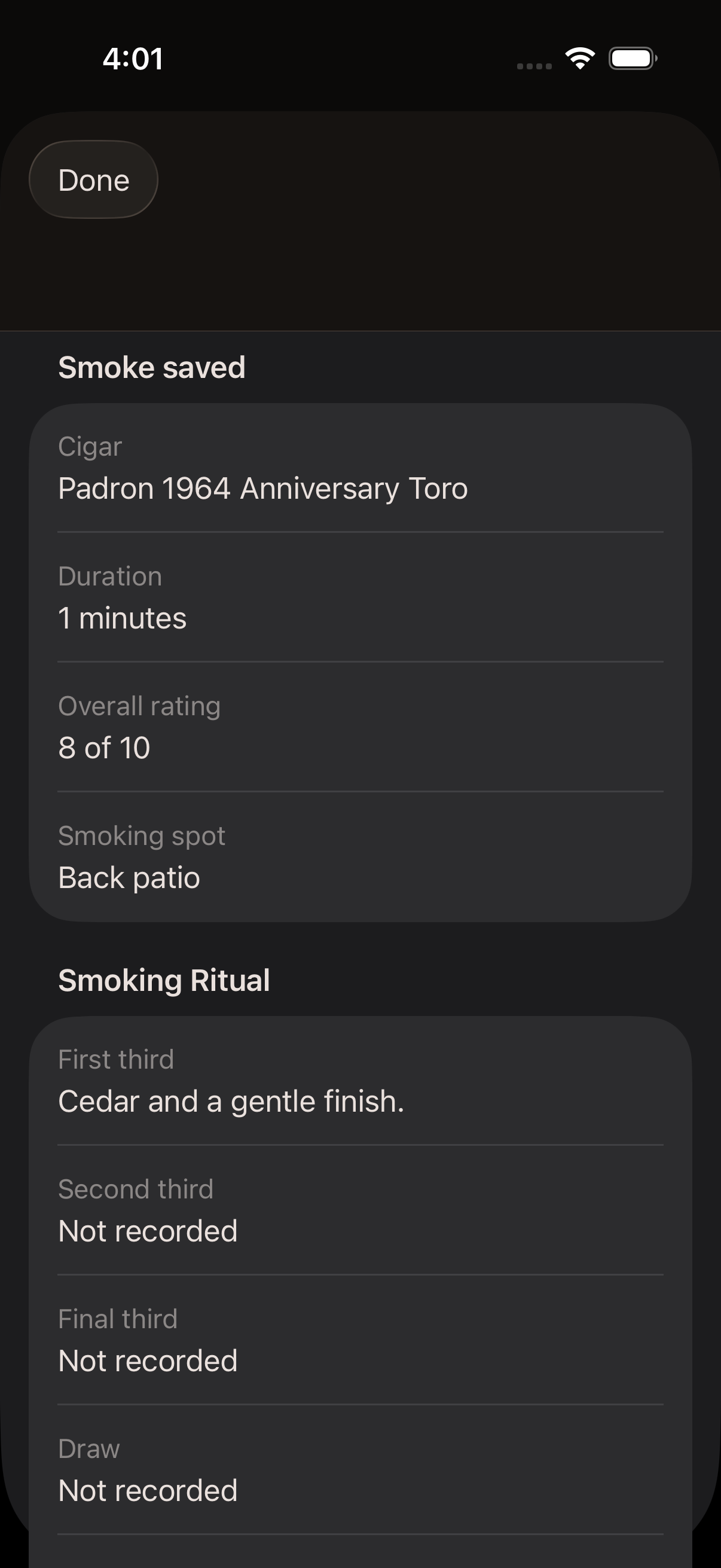 iPhone 17: The immediate Premium saved summary with cigar, timer duration and rating.